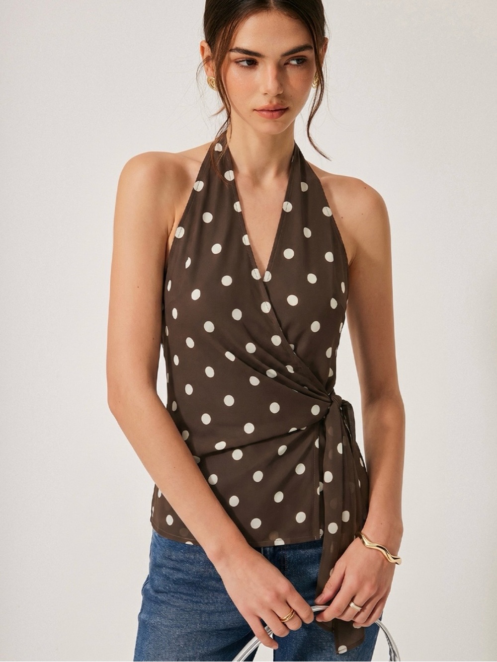 Commense Brown Halter Wrap Top with Cream Polka Dots